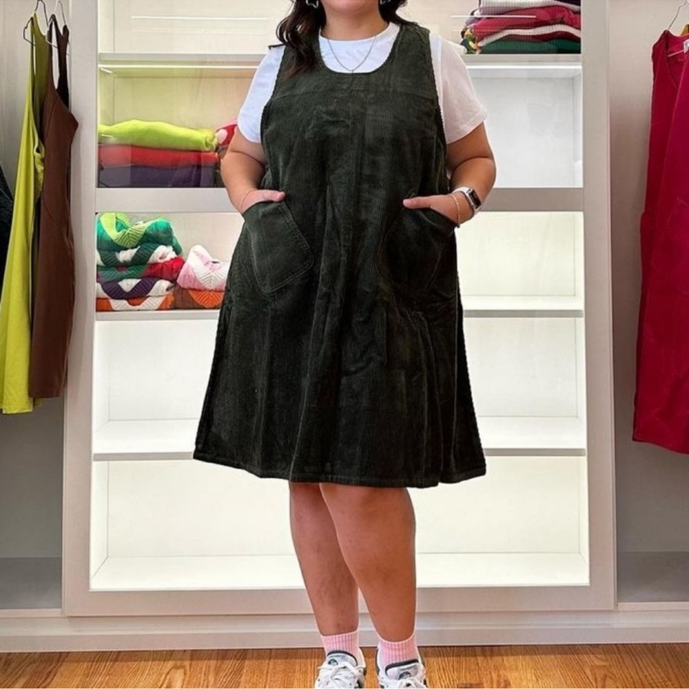 Shiny by Nature Corduroy Pinafore Dress Forest Green Pockets Relaxed Fit-3XL